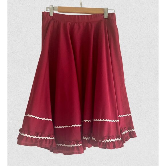 Vintage Maroon Square Dancing Skirt - Ruffle Trim, Size M - Picture 7 of 10